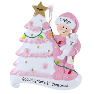 GODDAUGHTER'S 1st Christmas Glittered Tree And Bear Ornament PINK