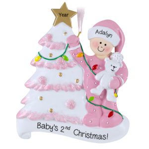 Baby GIRL'S 2nd Christmas Glittered Tree And Bear Ornament PINK