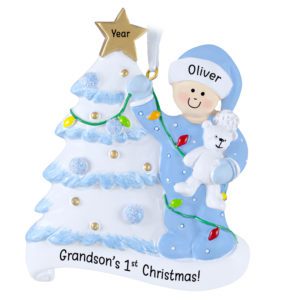 GRANDSON'S 1st Christmas Glittered Tree And Bear Ornament BLUE