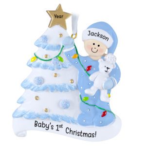 Baby BOY's 1st Christmas Glittered Tree And Bear Ornament BLUE
