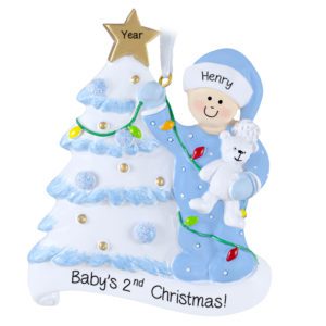 Image of Baby BOY'S 2nd Christmas Glittered Tree And Bear Ornament BLUE