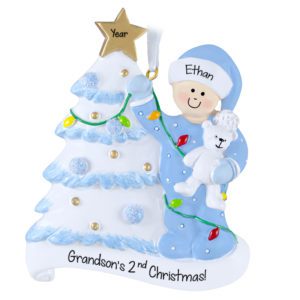 GRANDSON'S 2nd Christmas Glittered Tree And Bear Ornament BLUE
