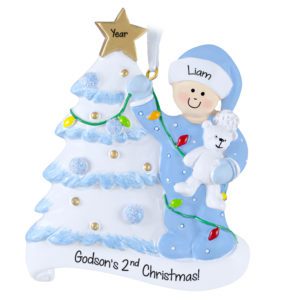 GODSON'S 2nd Christmas Glittered Tree And Bear Ornament BLUE