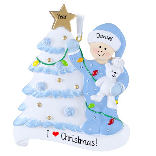 Personalized Little Boy Decorating Glittered Tree And Holding Bear Ornament BLUE