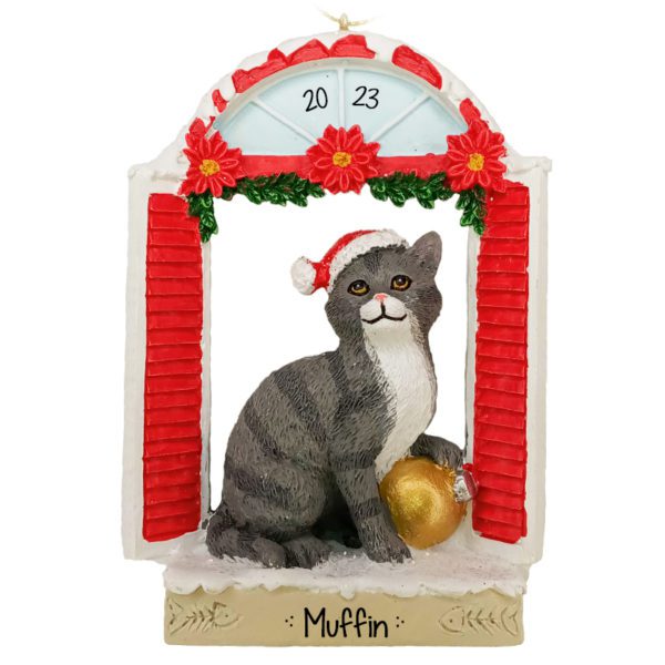 GRAY Cat In Window Wearing Santa Cap Personalized Ornament