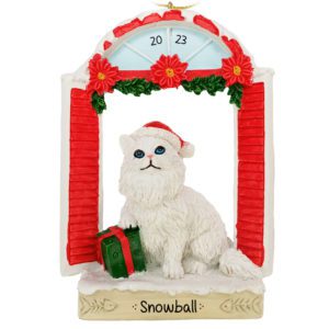 WHITE Cat In Window Wearing Santa Cap Personalized Ornament