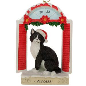 BLACK And WHITE Cat In Window Wearing Santa Cap Personalized Ornament