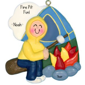 Personalized BOY Sitting By Fire Pit And Tent Ornament