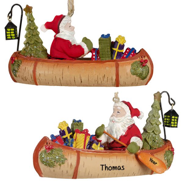 Personalized Santa Claus In Festive Birch Canoe Ornament