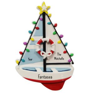 Personalized Sailboat Decorated With Colorful Christmas Lights Ornament