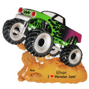 Personalized I Love Monster Jam Green Flames Truck Ornament