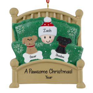 Person With 2 Dogs Snuggled Together In Green Glittered Bed Ornament