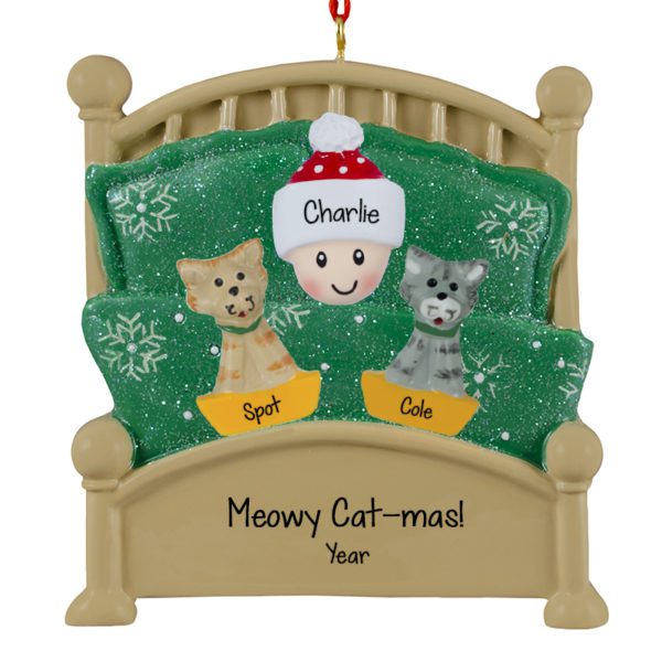 Person With 2 Cats Snuggled Together In Green Glittered Bed Ornament