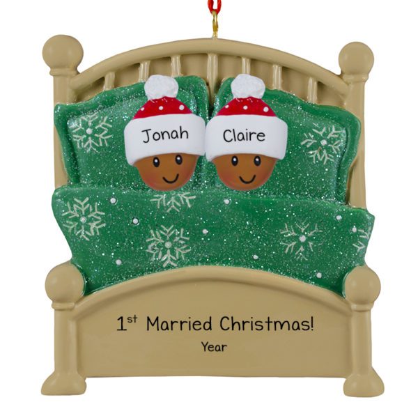 AFRICAN AMERICAN Couple 1st Married Christmas Glittered Bed Ornament