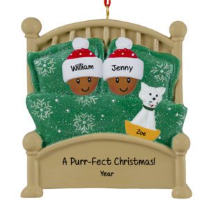 AFRICAN AMERICAN Couple With Pet In Green Glittered Bed Personalized Ornament