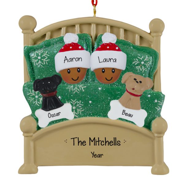 AFRICAN AMERICAN Couple Cuddled With 2 Dogs In Green Glittered Bed Ornament