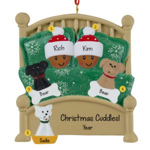 AFRICAN AMERICAN Couple Cuddled With 3 Pets In Green Glittered Bed Ornament