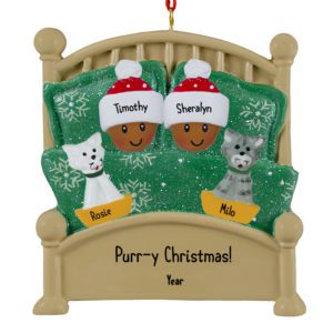 AFRICAN AMERICAN Couple Cuddled With 2 Cats In Green Glittered Bed Ornament