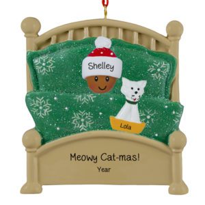 AFRICAN AMERICAN Person And Cat In Green Glittered Bed Ornament