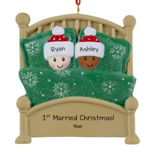 Interracial Couple 1st Married Christmas Glittered Bed Personalized Ornament