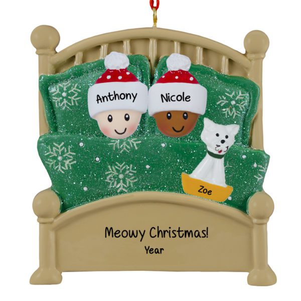 Personalized Interracial Couple With Pet In Green Glittered Bed Ornament
