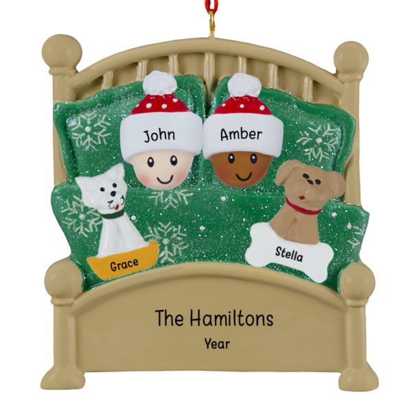 Personalized Interracial Couple And 2 Pets In Green Glittered Bed Ornament
