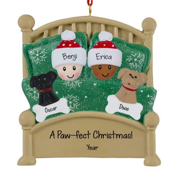 Interracial Couple Cuddled With 2 Dogs In Green Glittered Bed Ornament