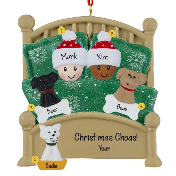 Interracial Couple Cuddled With 3 Pets In Green Glittered Bed Ornament
