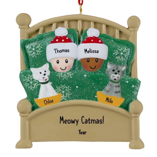 Interracial Couple Cuddled With 2 Cats In Green Glittered Bed Ornament