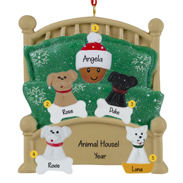 AFRICAN AMERICAN Person Cuddling With 4 Pets In Green Glittered Bed Ornament