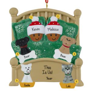 AFRICAN AMERICAN Couple Cuddled With 4 Pets In Green Glittered Bed Ornament