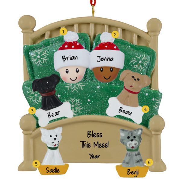 Interracial Couple Cuddled With 4 Pets In Green Glittered Bed Ornament