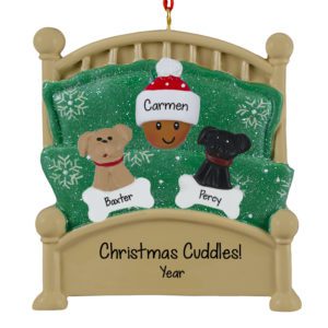 AFRICAN AMERICAN Person With 2 Dogs In Green Glittered Bed Ornament