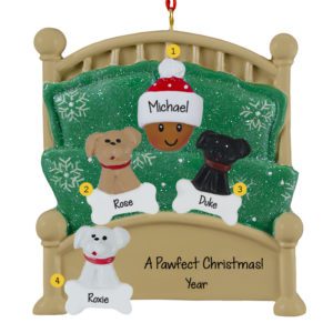 AFRICAN AMERICAN Person With 3 Pets In Green Glittered Bed Ornament