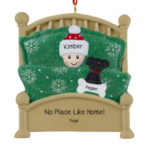 Person And Dog Snuggled Together In Green Glittered Bed Personalized Ornament