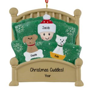 Person With 2 Pets Snuggled Together In Green Glittered Bed Ornament