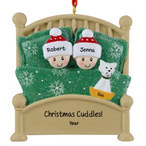 Personalized Couple With Pet In Glittered Green Bed Ornament