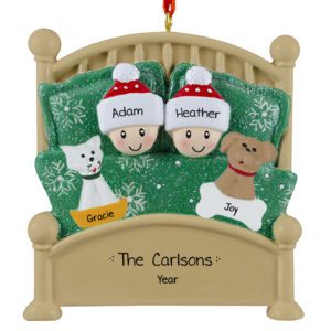 Personalized Couple With 2 Pets In Glittered Green Bed Ornament