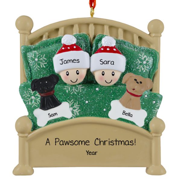 Personalized Couple With 2 Dogs In Glittered Green Bed Ornament