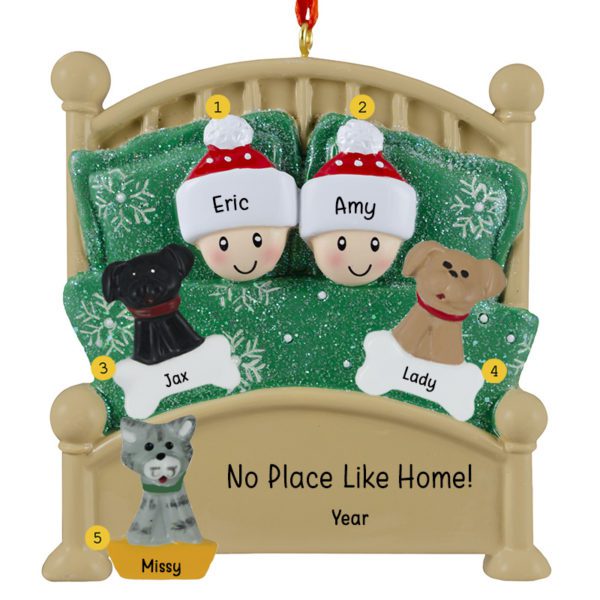 Personalized Couple With 3 Pets In Glittered Green Bed Ornament