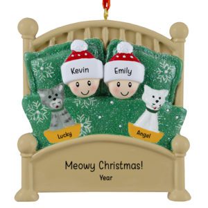 Personalized Couple With 2 Cats In Glittered Green Bed Ornament