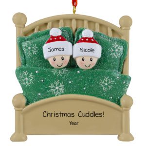 Personalized Happy Couple Cuddling In Glittered Green Bed Ornament