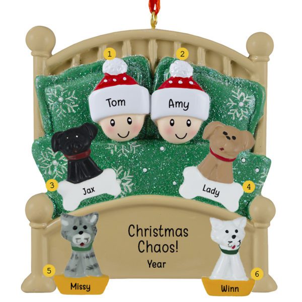 Personalized Couple With 4 Pets In Glittered Green Bed Ornament