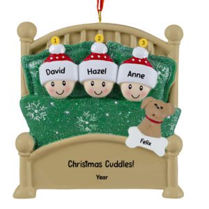 Image of Family Of 3 Cuddling With Pet In Glittered Green Bed Ornament