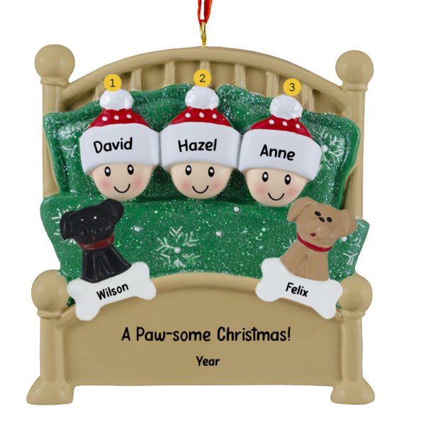 Family Of 3 Cuddling With 2 Pets In Glittered Green Bed Ornament