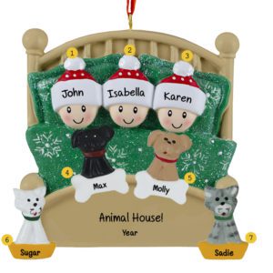 Family Of 3 Cuddling With 4 Pets In Glittered Green Bed Ornament
