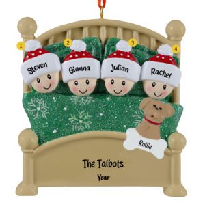 Personalized Cuddling Family Of 4 With Pet In Glittered Green Bed Ornament