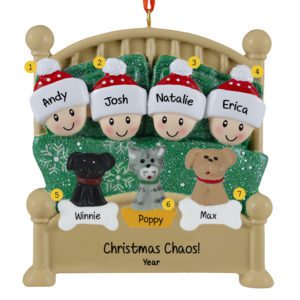 Personalized Cuddling Family Of 4 With 3 Pets In Glittered Green Bed Ornament