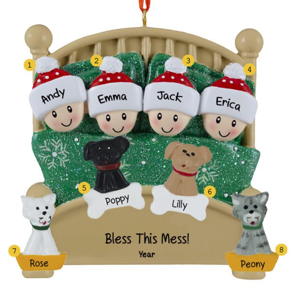 Personalized Cuddling Family Of 4 With 4 Pets In Glittered Green Bed Ornament
