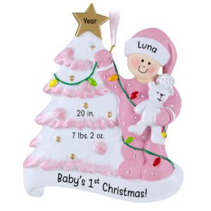 Baby GIRL'S 1st Christmas Glittered Tree With Birth Stats Ornament PINK
